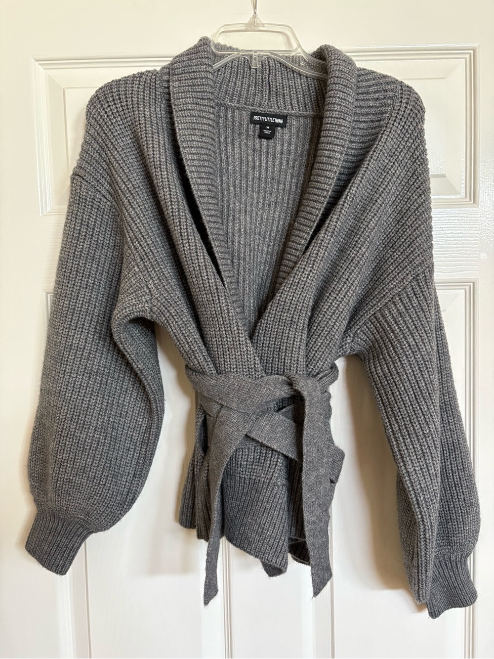 PrettyLittleThing Charcoal Gray Ribbed Wrap Belted Cardigan XS